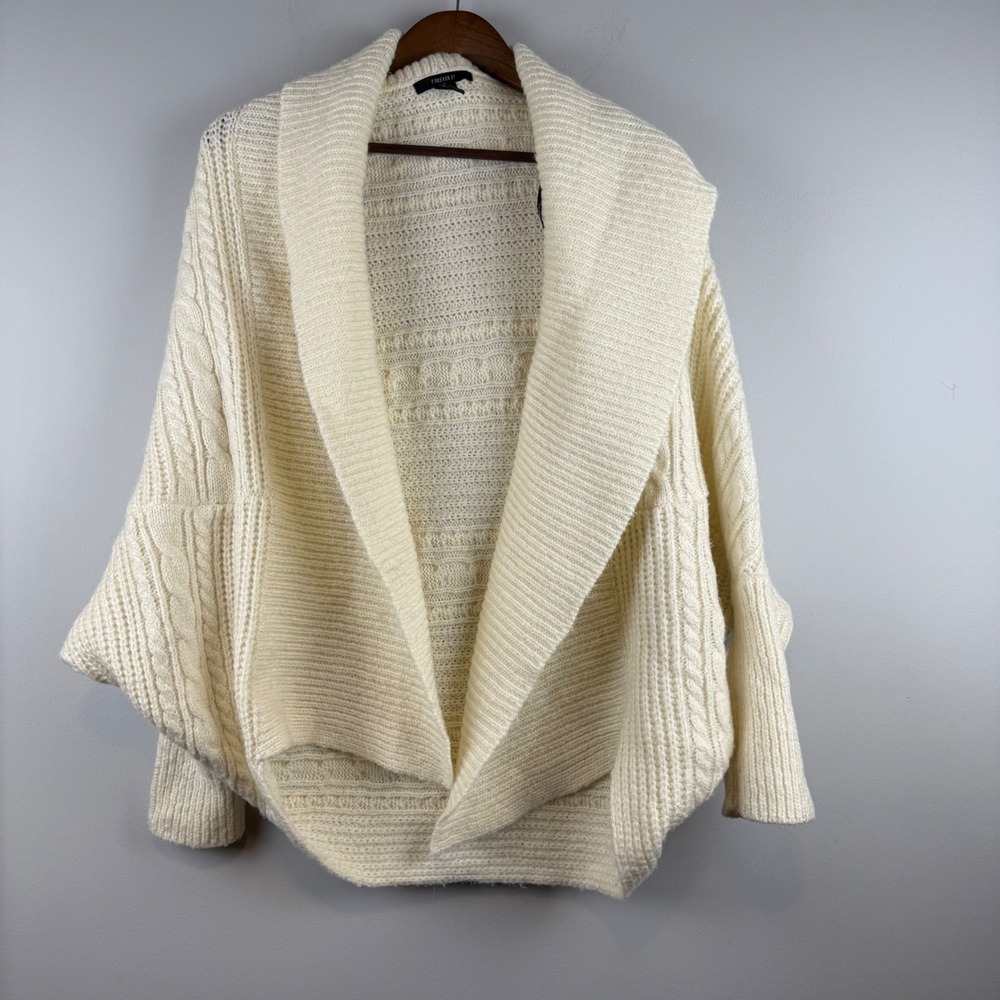 Chunky Coastal Cable Knit Cardigan Sweater Size S Cream Shawl Collar Batwing